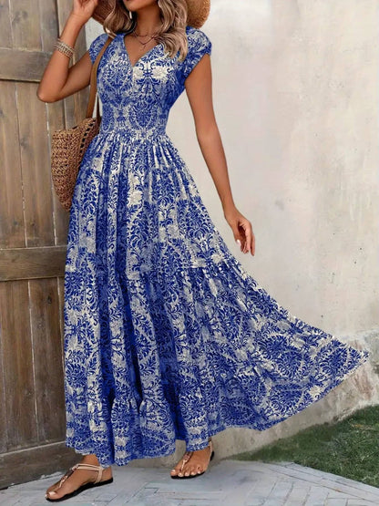 Cristina | Vestido maxi boho para mujer con estampado y fruncido