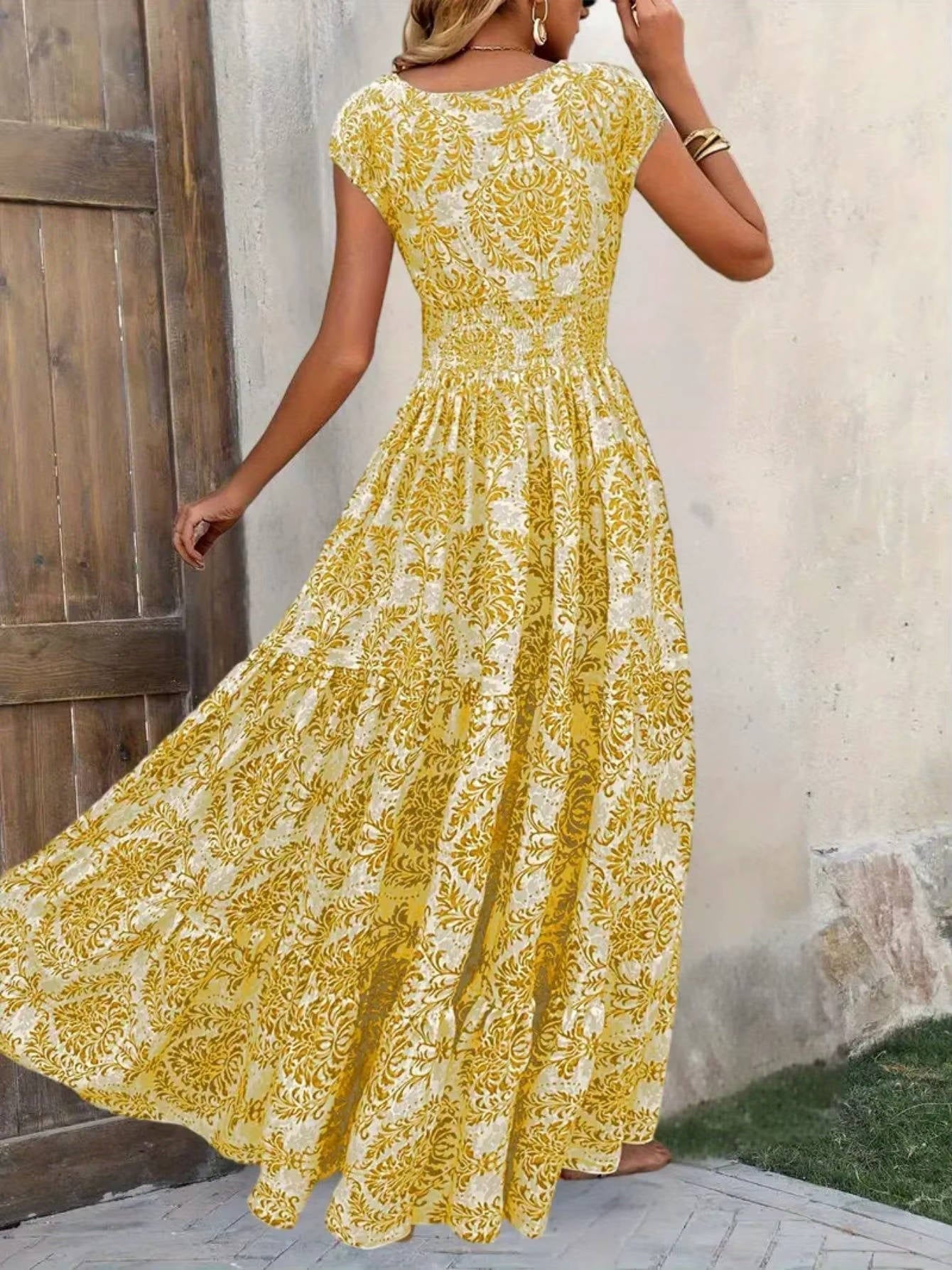 Cristina | Vestido maxi boho para mujer con estampado y fruncido
