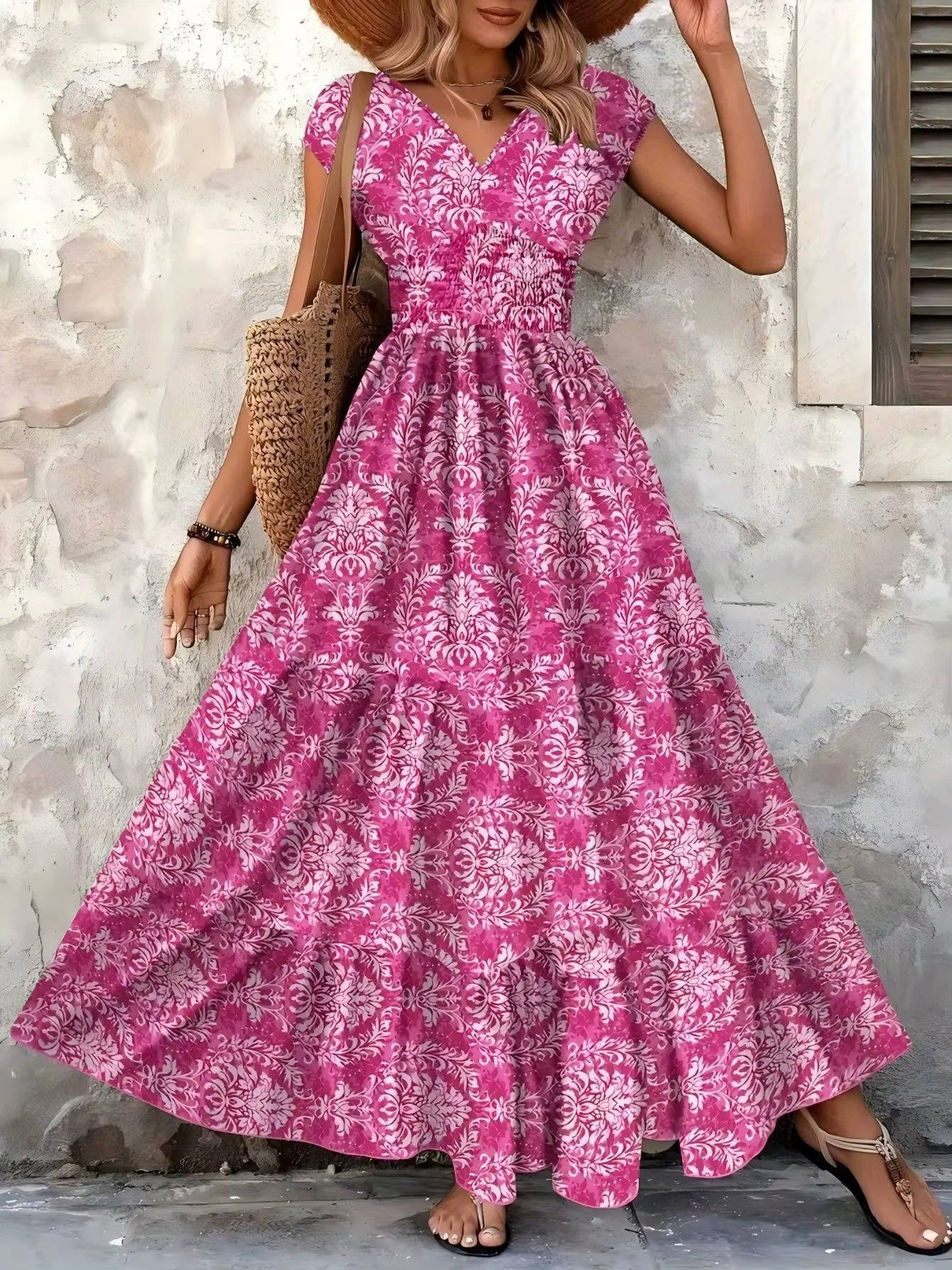 Cristina | Vestido maxi boho para mujer con estampado y fruncido