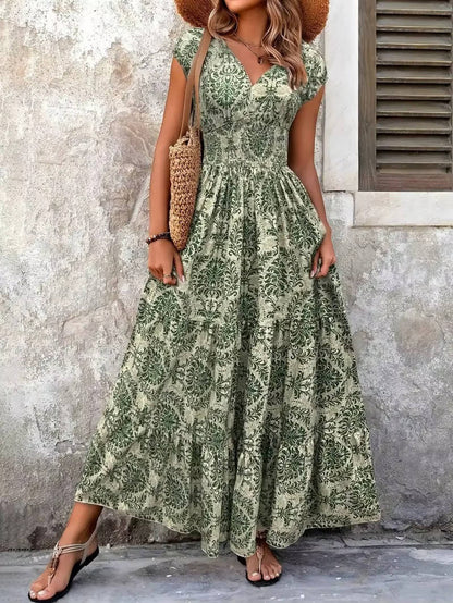 Cristina | Vestido maxi boho para mujer con estampado y fruncido