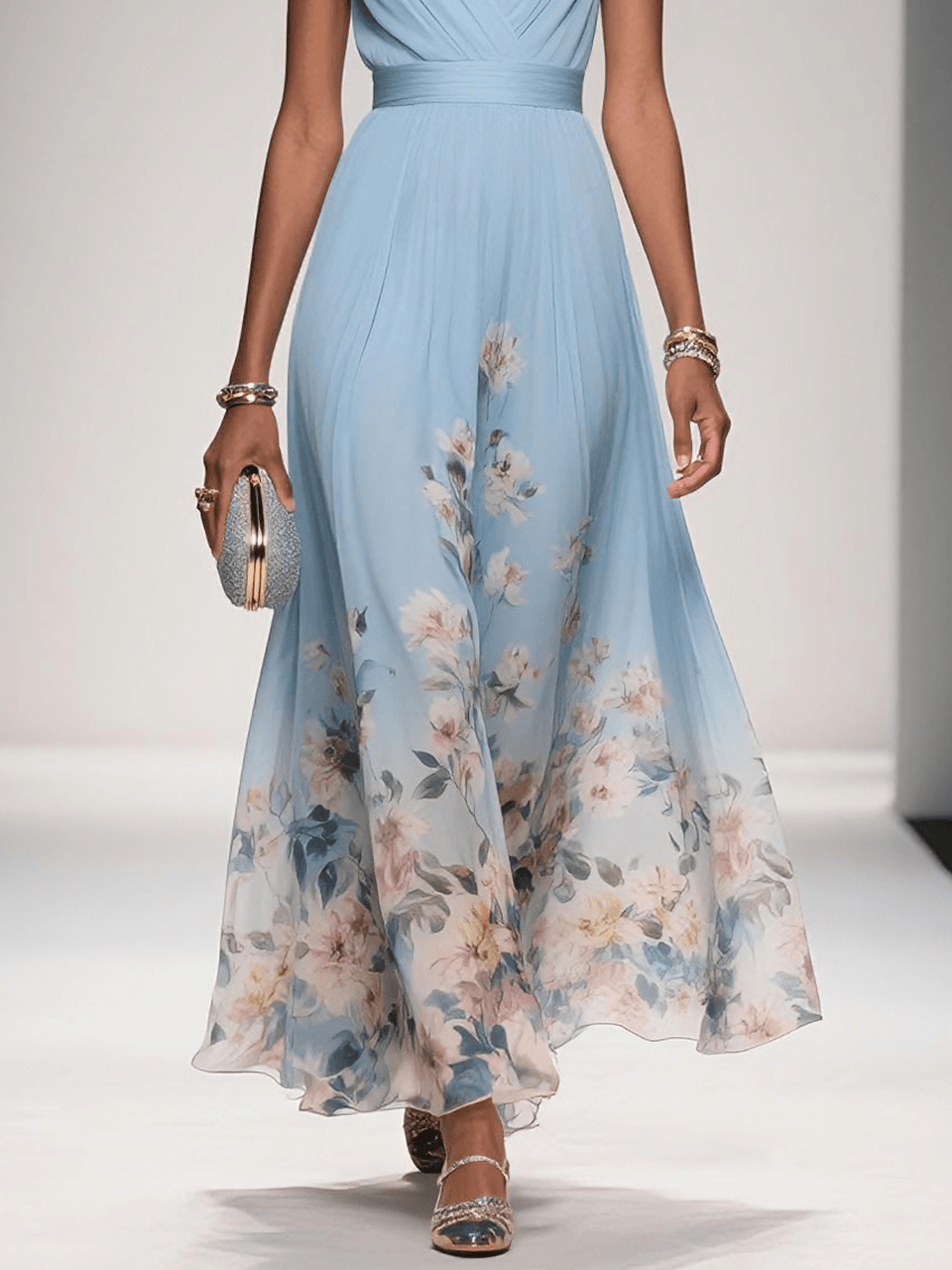 Daniela | Maxikleid für Damen mit Blumenmuster und V-Ausschnitt  