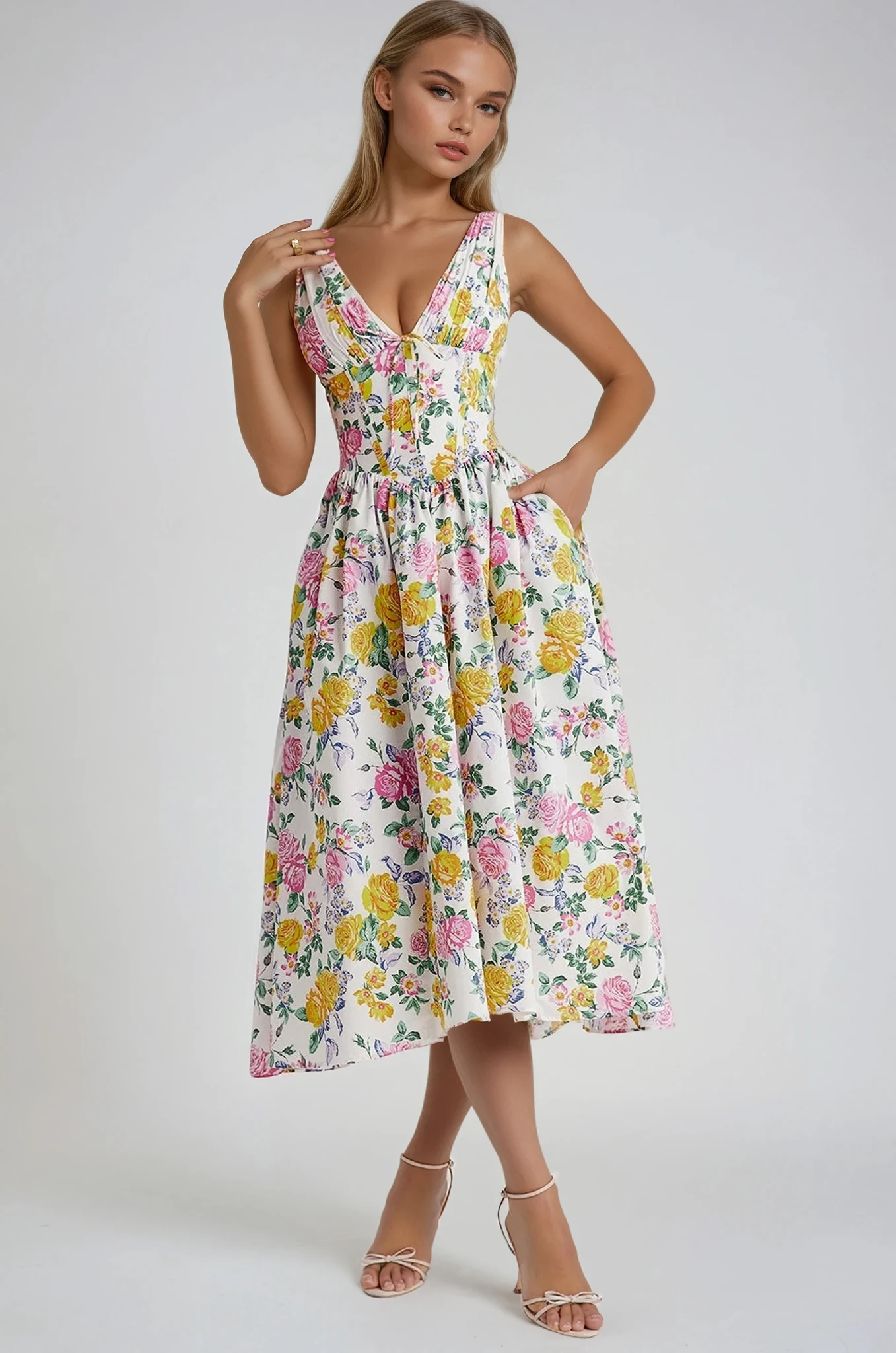 Nieves | Midikleid für Damen mit Blumenmuster und V-Ausschnitt  