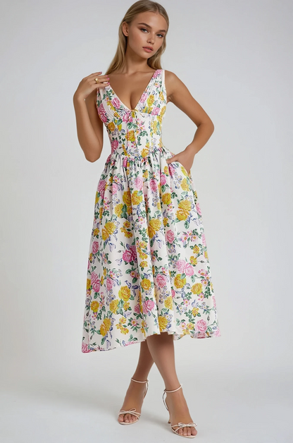 Nieves | Midikleid für Damen mit Blumenmuster und V-Ausschnitt  