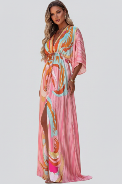 Marisol | Langes Damenkleid mit Muster, V-Ausschnitt und Gürtel