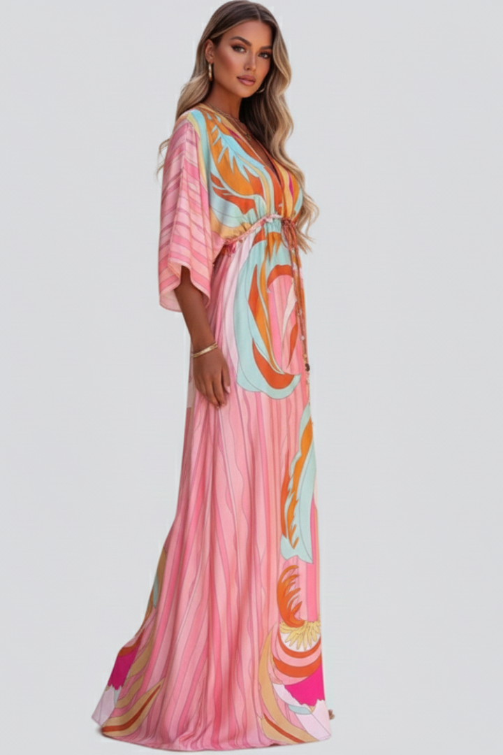 Marisol | Langes Damenkleid mit Muster, V-Ausschnitt und Gürtel