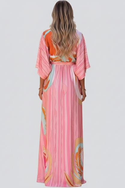 Marisol | Langes Damenkleid mit Muster, V-Ausschnitt und Gürtel
