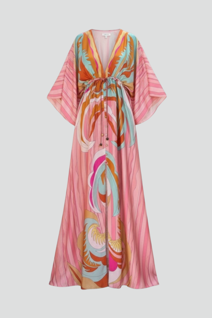 Marisol | Langes Damenkleid mit Muster, V-Ausschnitt und Gürtel