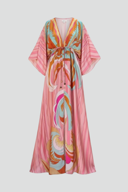 Marisol | Langes Damenkleid mit Muster, V-Ausschnitt und Gürtel