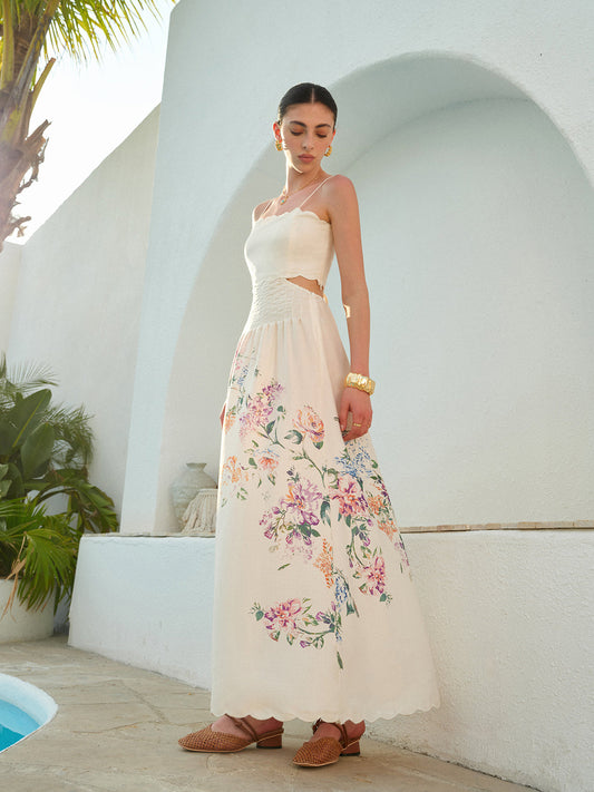 Rebeca | Robe maxi femme florale avec fentes et ourlet ondulé