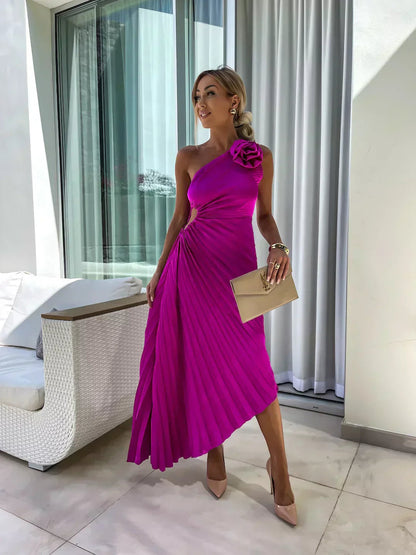 Xandra | Vestido midi plisado para mujer de un solo hombro