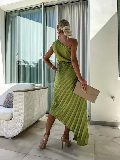 Xandra | Vestido midi plisado para mujer de un solo hombro