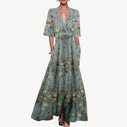 Isabel | Maxikleid für Damen mit tiefem V-Ausschnitt und weitem Rock  