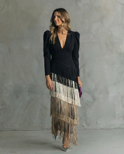 Rufina | Vestido midi elegante con flecos y escote en V