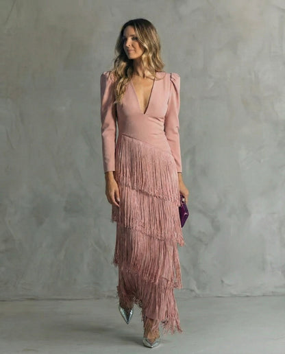 Rufina | Vestido midi elegante con flecos y escote en V