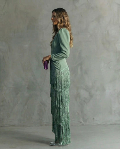 Rufina | Vestido midi elegante con flecos y escote en V