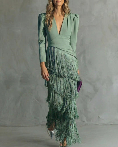 Rufina | Vestido midi elegante con flecos y escote en V