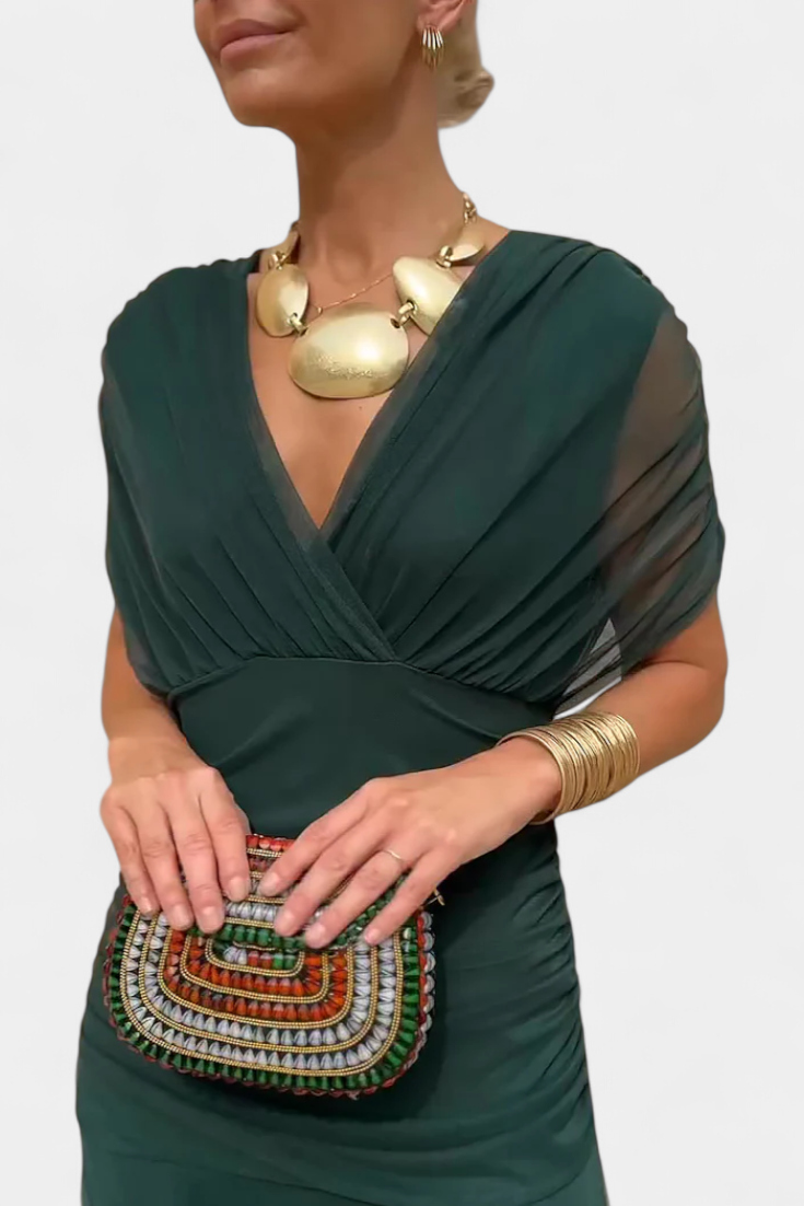 Iselina | Langes, gerafftes Damenkleid mit V-Ausschnitt, elegant | Fließend  
