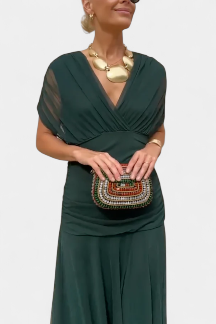 Iselina | Langes, gerafftes Damenkleid mit V-Ausschnitt, elegant | Fließend  