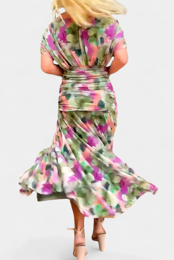 Iselina | Langes, gerafftes Damenkleid mit V-Ausschnitt, elegant | Fließend  