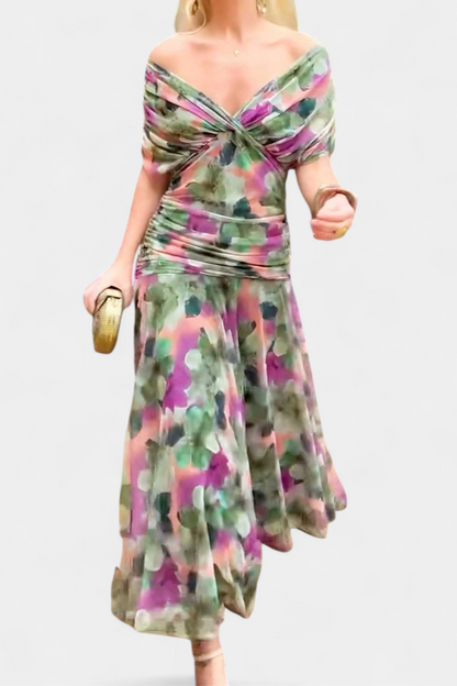 Iselina | Langes, gerafftes Damenkleid mit V-Ausschnitt, elegant | Fließend  