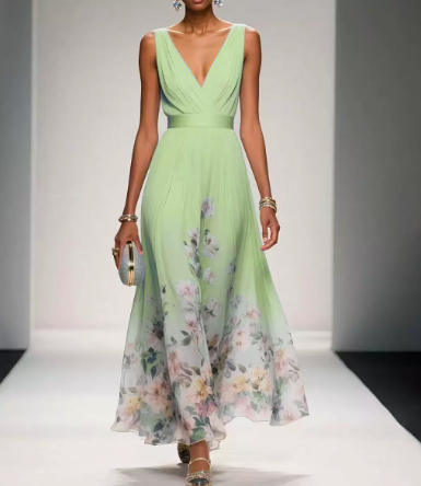 Daniela | Maxikleid für Damen mit Blumenmuster und V-Ausschnitt  