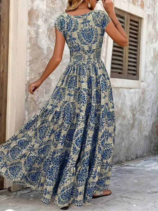 Cristina | Vestido maxi boho para mujer con estampado y fruncido