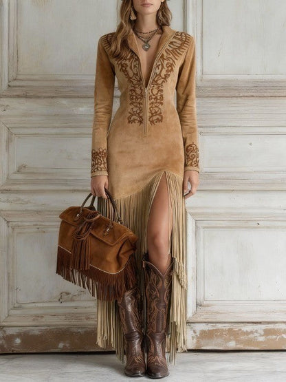 Calliope | Long dress with fringes and long sleeves for women