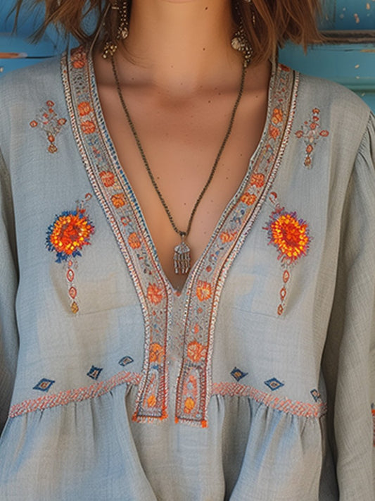 Elaria | Damenbluse mit Stickerei und Boho-V-Ausschnitt  