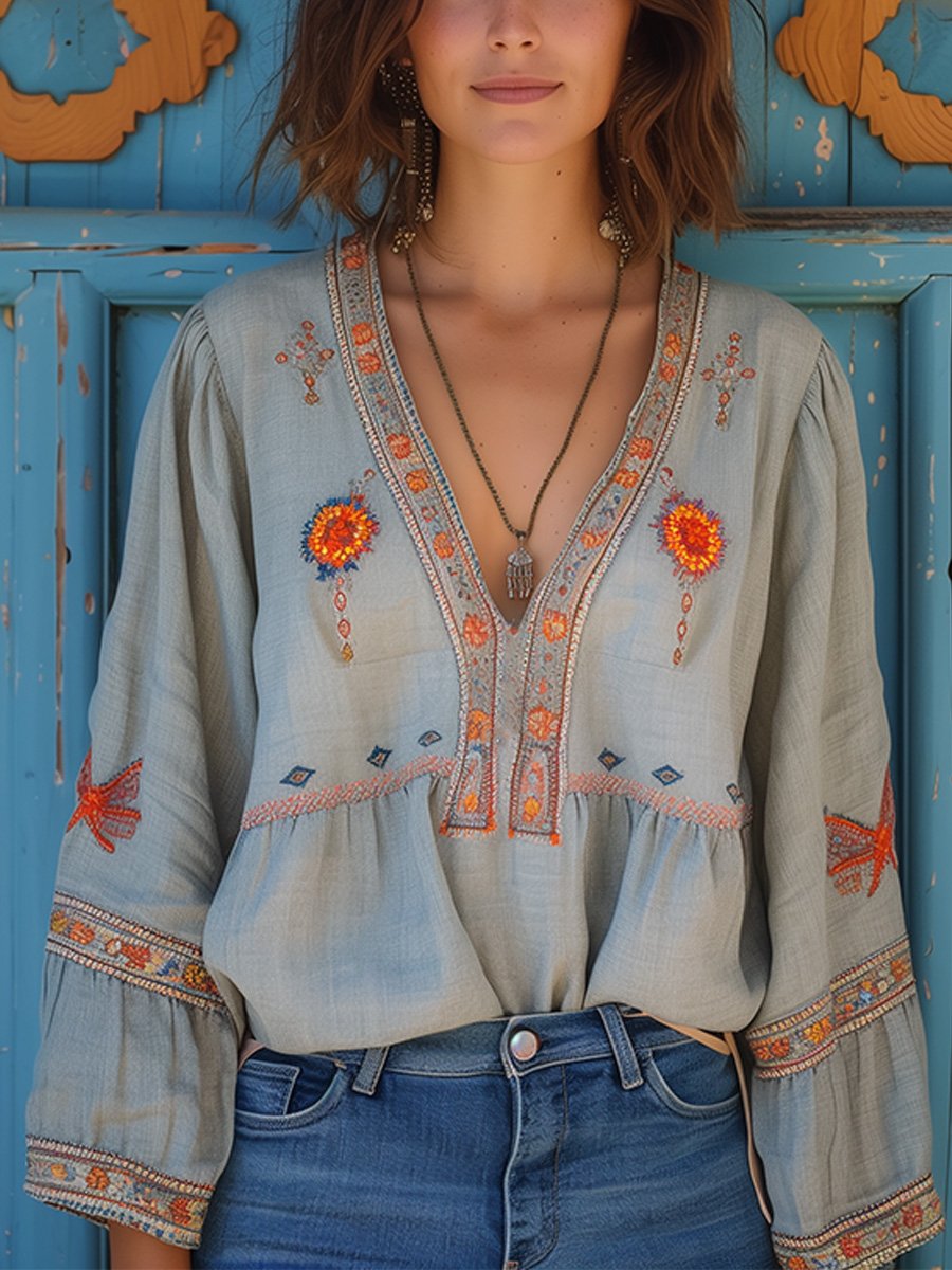 Elaria | Blusa para mujer con bordado y escote en V de estilo bohemio