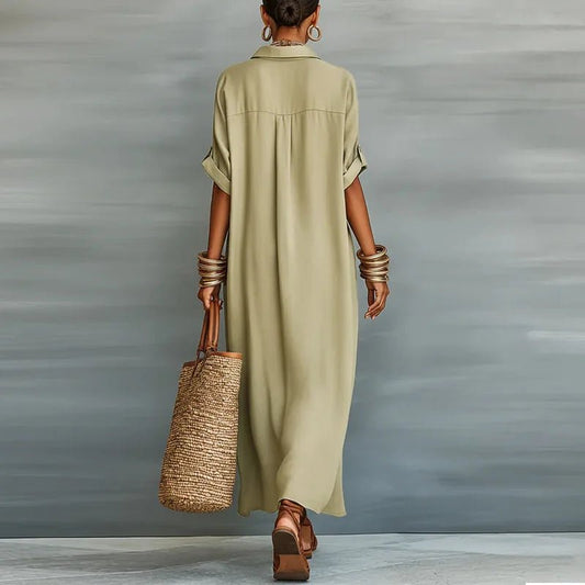 Rocío | Women's long linen dress with shirt style and buttons