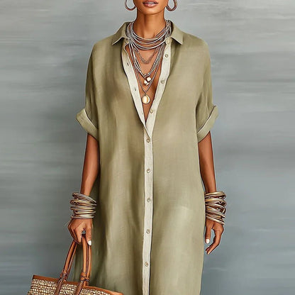 Rocío | Vestido largo de lino para mujer con estilo camisero y botones