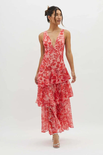 Ilduara | Vestido maxi para mujer con estampado floral y volantes