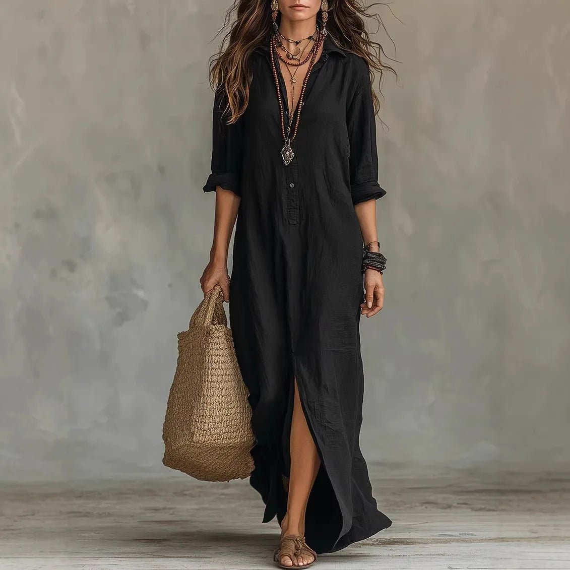 Genoveva | Vestido camisero maxi de lino con manga francesa y corte holgado