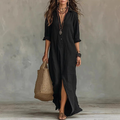 Genoveva | Vestido camisero maxi de lino con manga francesa y corte holgado