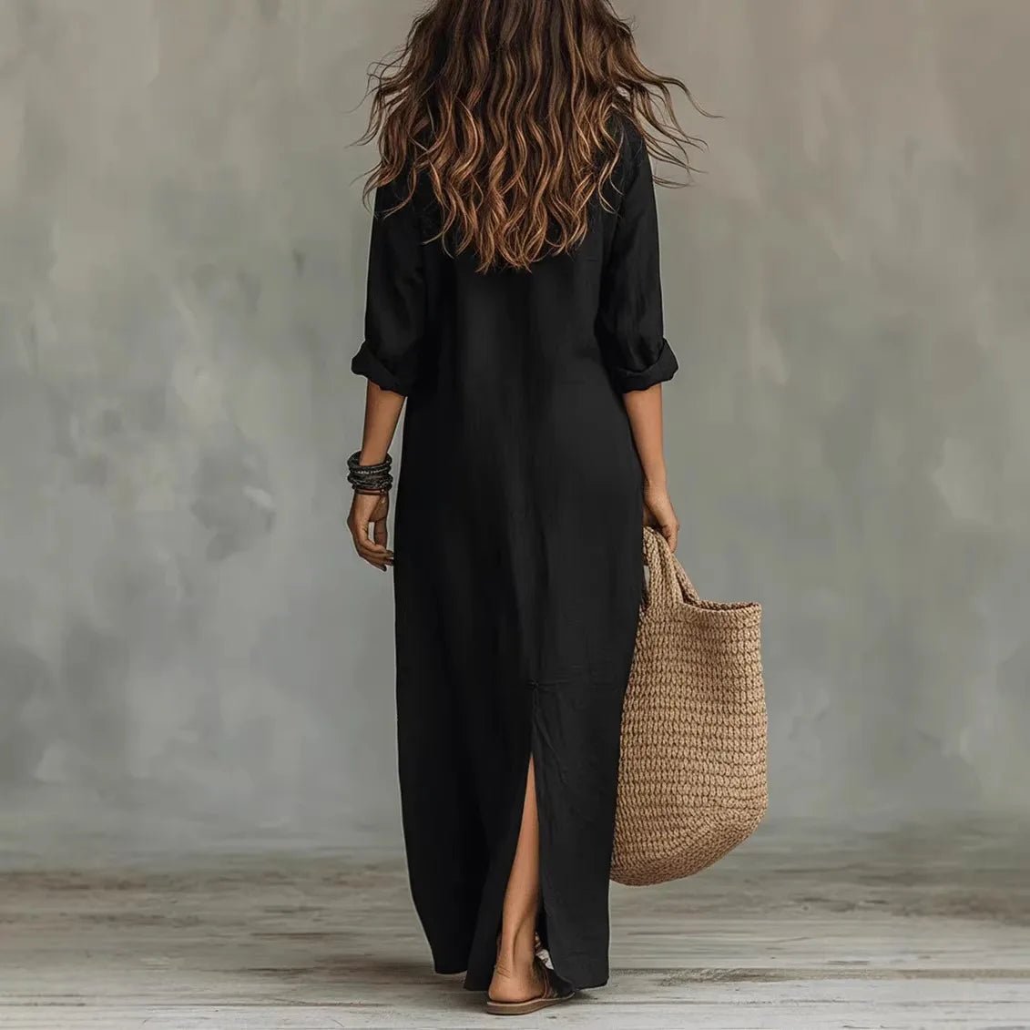 Genoveva | Vestido camisero maxi de lino con manga francesa y corte holgado