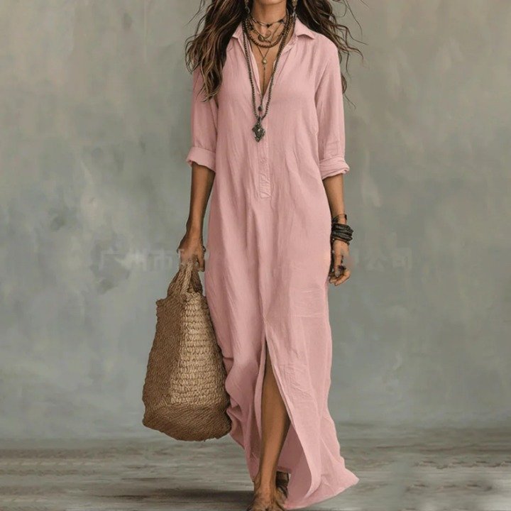 Genoveva | Vestido camisero maxi de lino con manga francesa y corte holgado