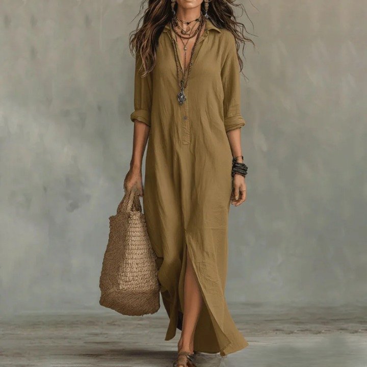 Genoveva | Vestido camisero maxi de lino con manga francesa y corte holgado