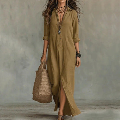 Genoveva | Vestido camisero maxi de lino con manga francesa y corte holgado