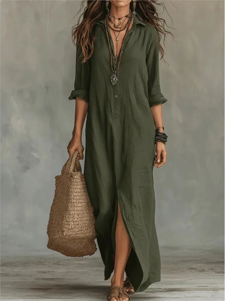 Genoveva | Vestido camisero maxi de lino con manga francesa y corte holgado