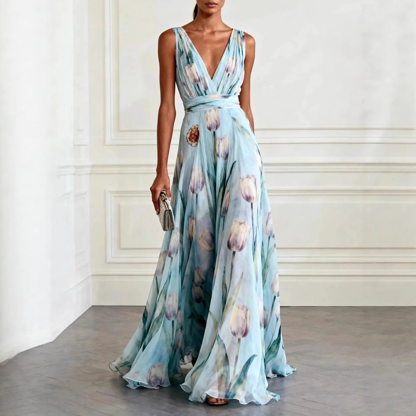 Lourdes | Vestido largo cruzado para mujer con escote profundo y sin mangas