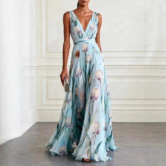 Lourdes | Women's long wrap dress with deep neckline and sleeveless
