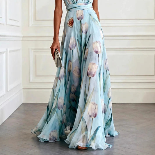 Lourdes | Women's long wrap dress with deep neckline and sleeveless