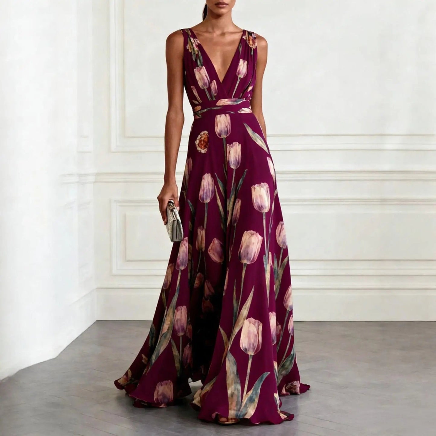 Lourdes | Vestido largo cruzado para mujer con escote profundo y sin mangas