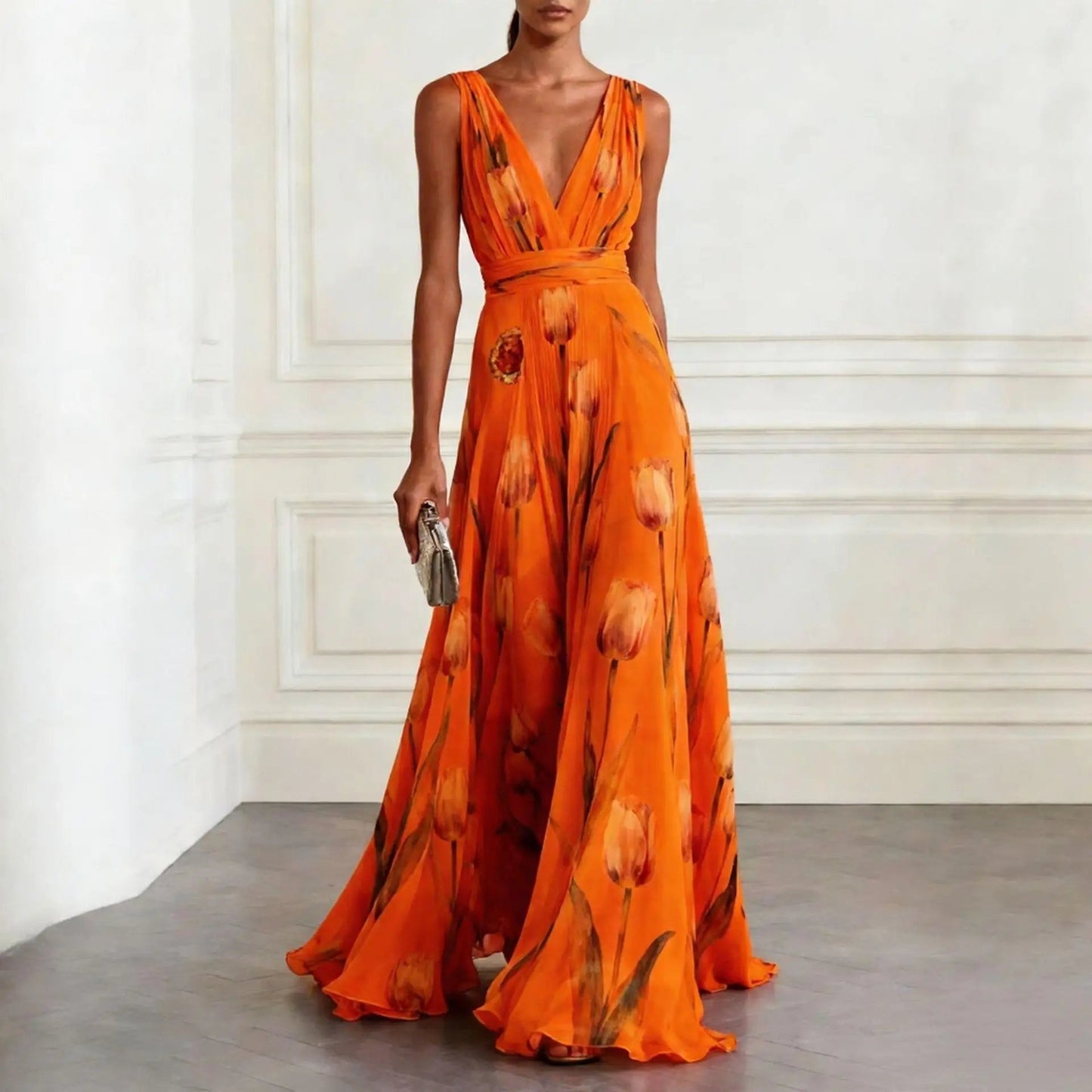 Lourdes | Vestido largo cruzado para mujer con escote profundo y sin mangas
