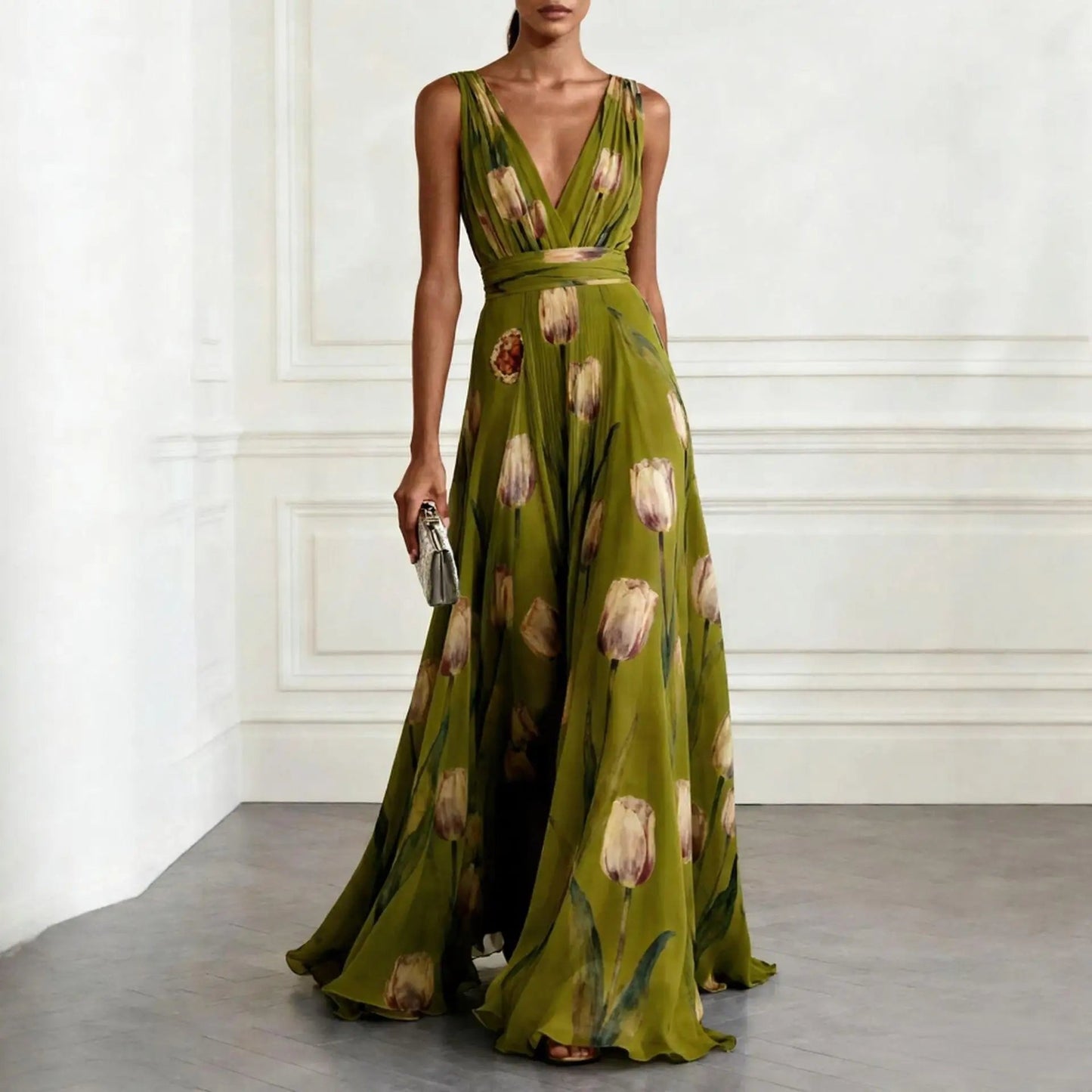 Lourdes | Vestido largo cruzado para mujer con escote profundo y sin mangas