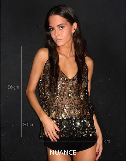 Mireia | Glamouröses Top mit dünnen Trägern und funkelnden Details, figurbetont