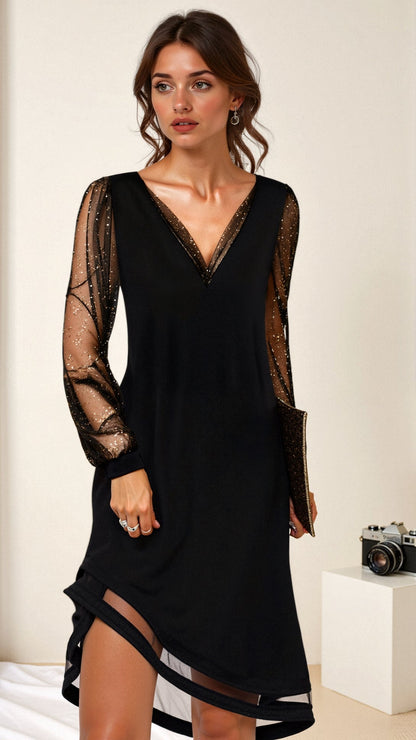 Noelia | Elegantes schwarzes Kleid mit V-Ausschnitt und transparenten langen Ärmeln