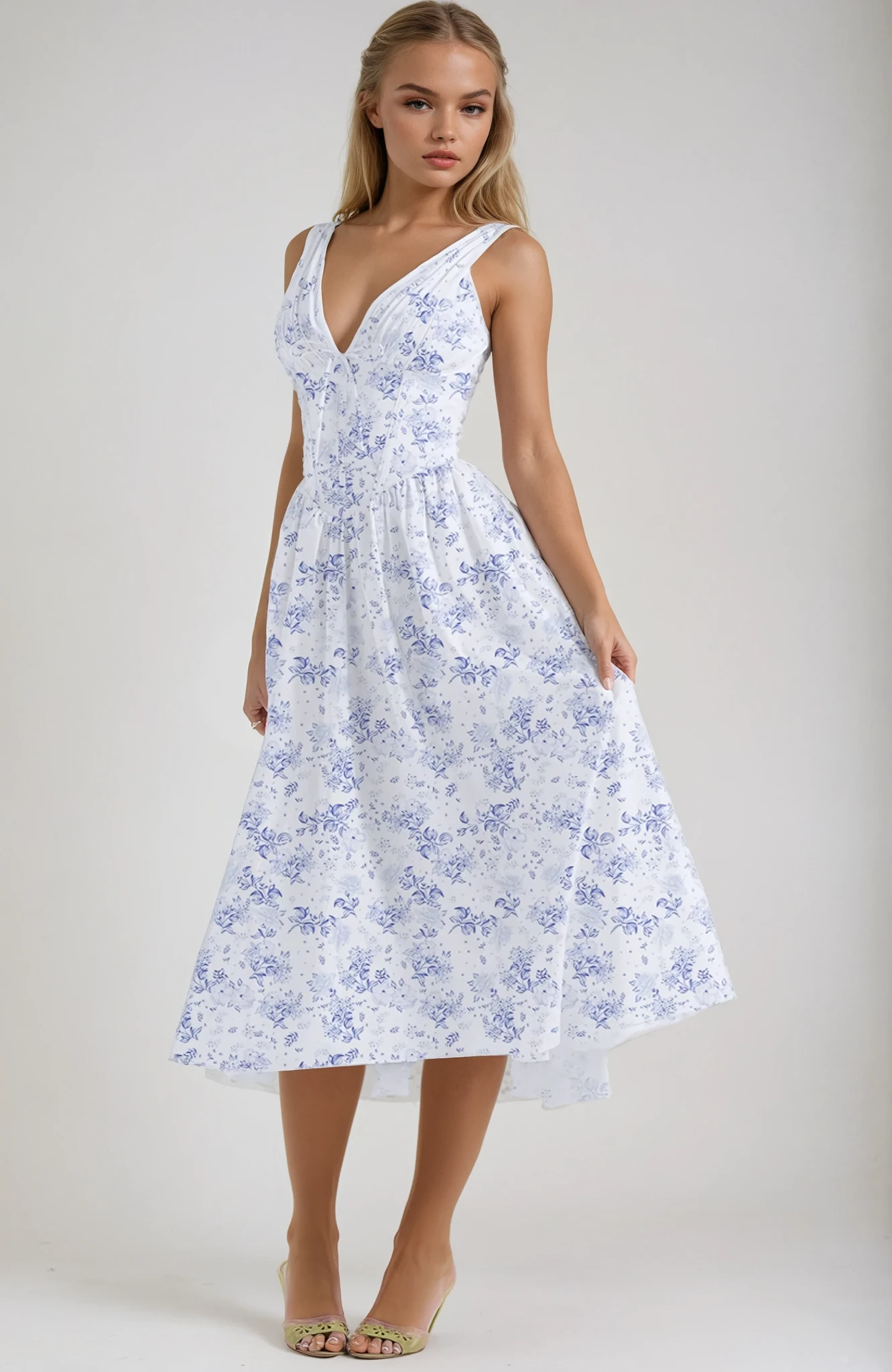 Nieves | Midikleid für Damen mit Blumenmuster und V-Ausschnitt  