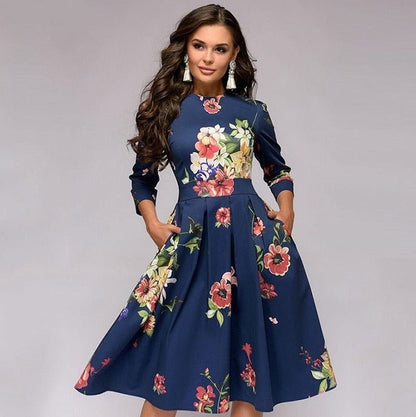 Valeria | Vestido midi con estampado floral y cuello redondo