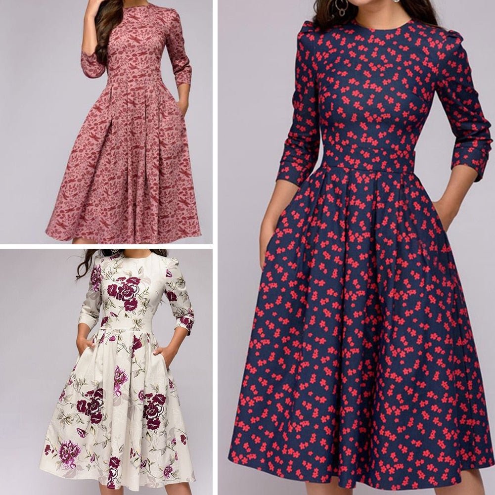 Valeria | Vestido midi con estampado floral y cuello redondo